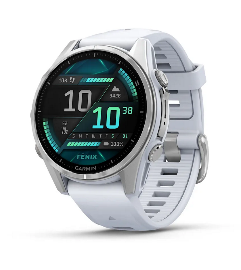 fenix 8 – 43 mm, AMOLED Silver with Whitestone Silicone Band