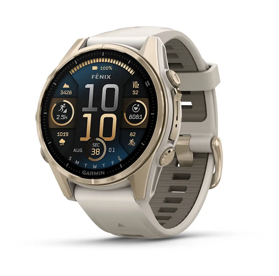 fenix 8 – 43 mm, AMOLED Sapphire, Soft Gold with Fog Gray/Dark Sandstone Silicone Band