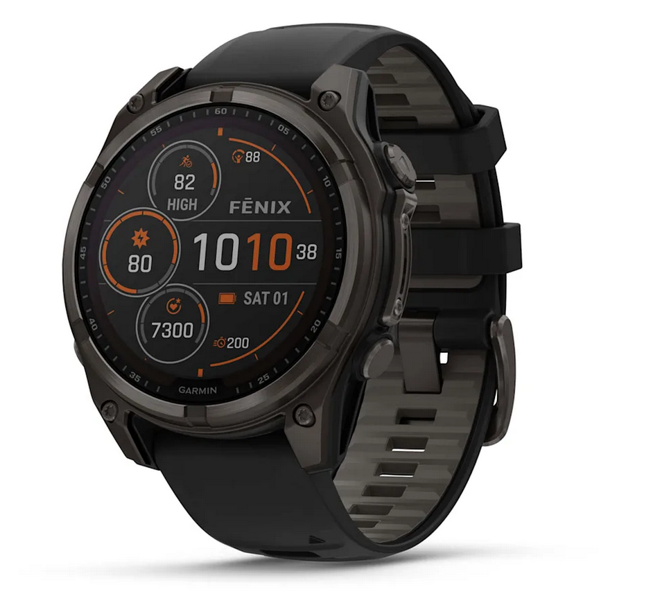 fenix 8 – 47 mm, Solar Sapphire, Carbon Gray DLC Titanium with Black/Pebble Gray Silicone Band