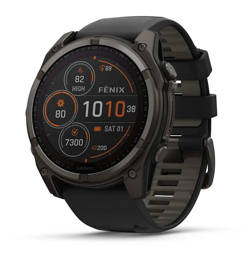 fenix 8 – 51 mm, Solar Sapphire, Carbon Gray DLC Titanium with Black/Pebble Gray Silicone Band