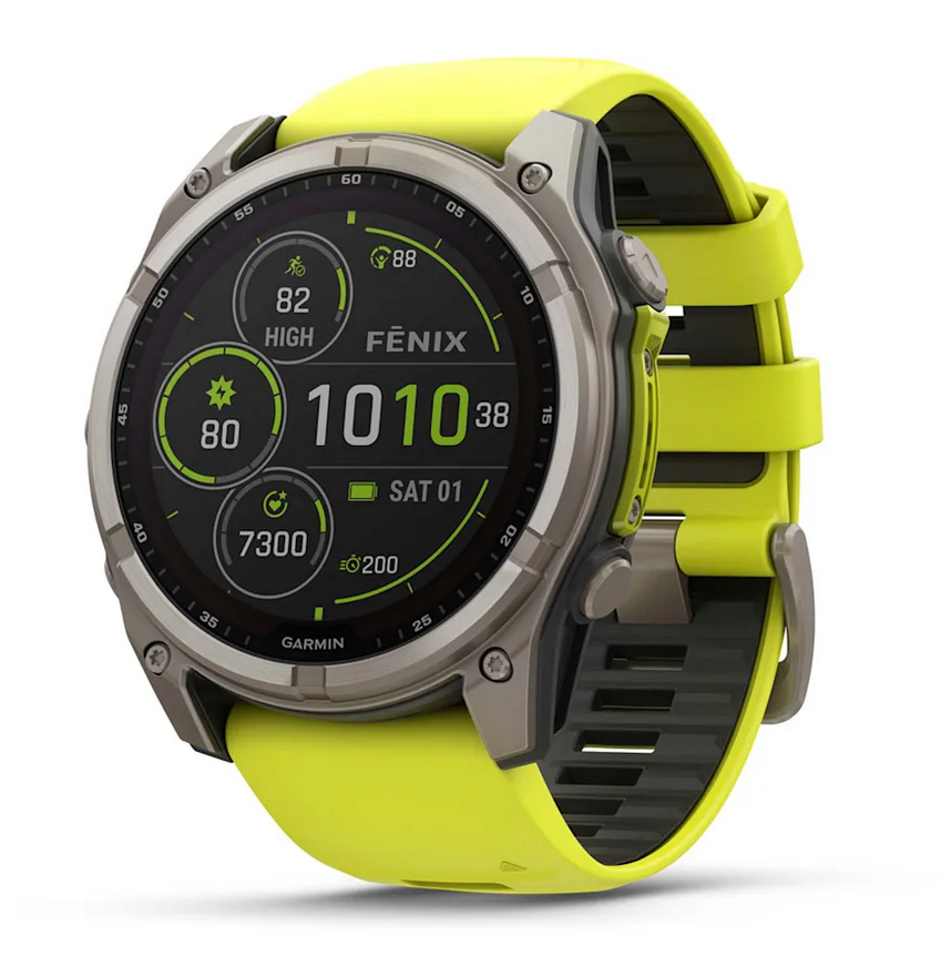 fenix 8 – 51 mm, Solar Sapphire, Titanium with Amp Yellow/Graphite Silicone Band