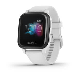 Venu® Sq – Music Edition, Slate Aluminum Bezel with White Case and Silicone Band