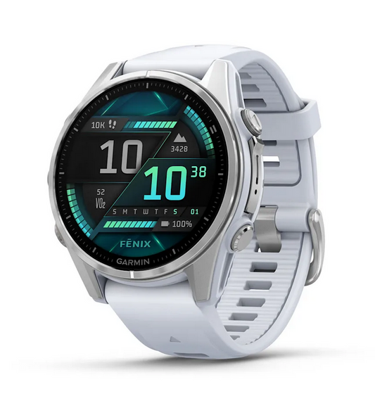 fenix 8 – 43 mm, AMOLED  Silver with Whitestone Silicone Band