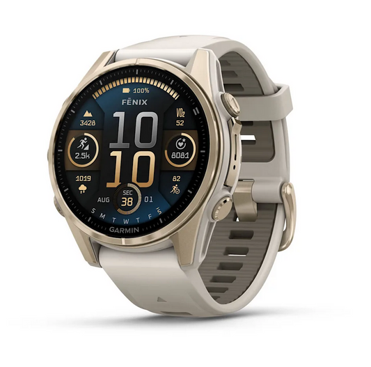 fenix 8 – 43 mm, AMOLED  Sapphire, Soft Gold with Fog Gray/Dark Sandstone Silicone Band