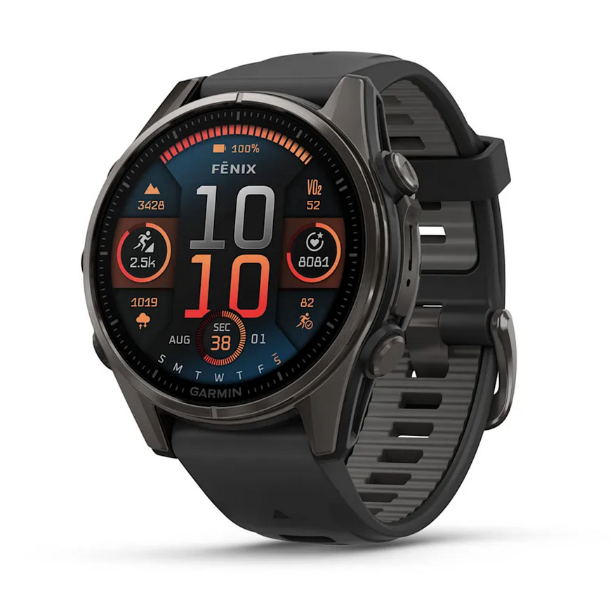 fenix 8 – 43 mm, AMOLED  Sapphire, Carbon Gray DLC Titanium with Black/Pebble Gray Silicone Band