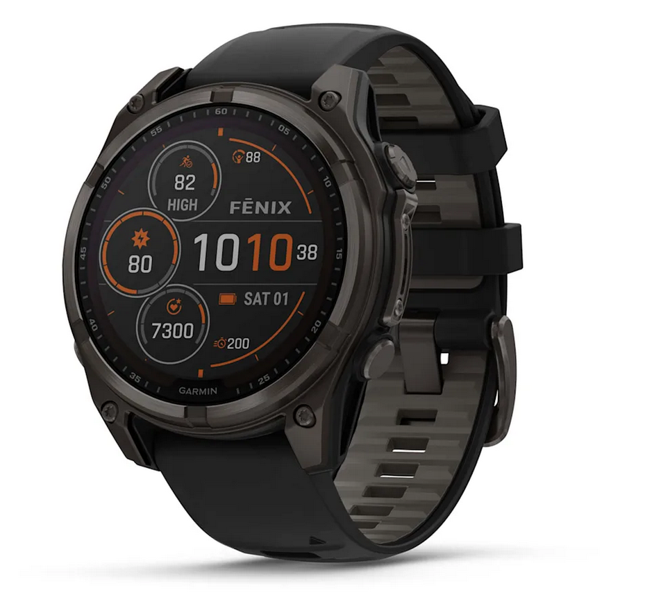 fenix 8 – 47 mm, Solar  Sapphire, Carbon Gray DLC Titanium with Black/Pebble Gray Silicone Band