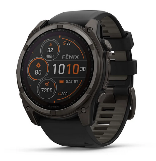 fenix 8 – 51 mm, Solar  Sapphire, Carbon Gray DLC Titanium with Black/Pebble Gray Silicone Band