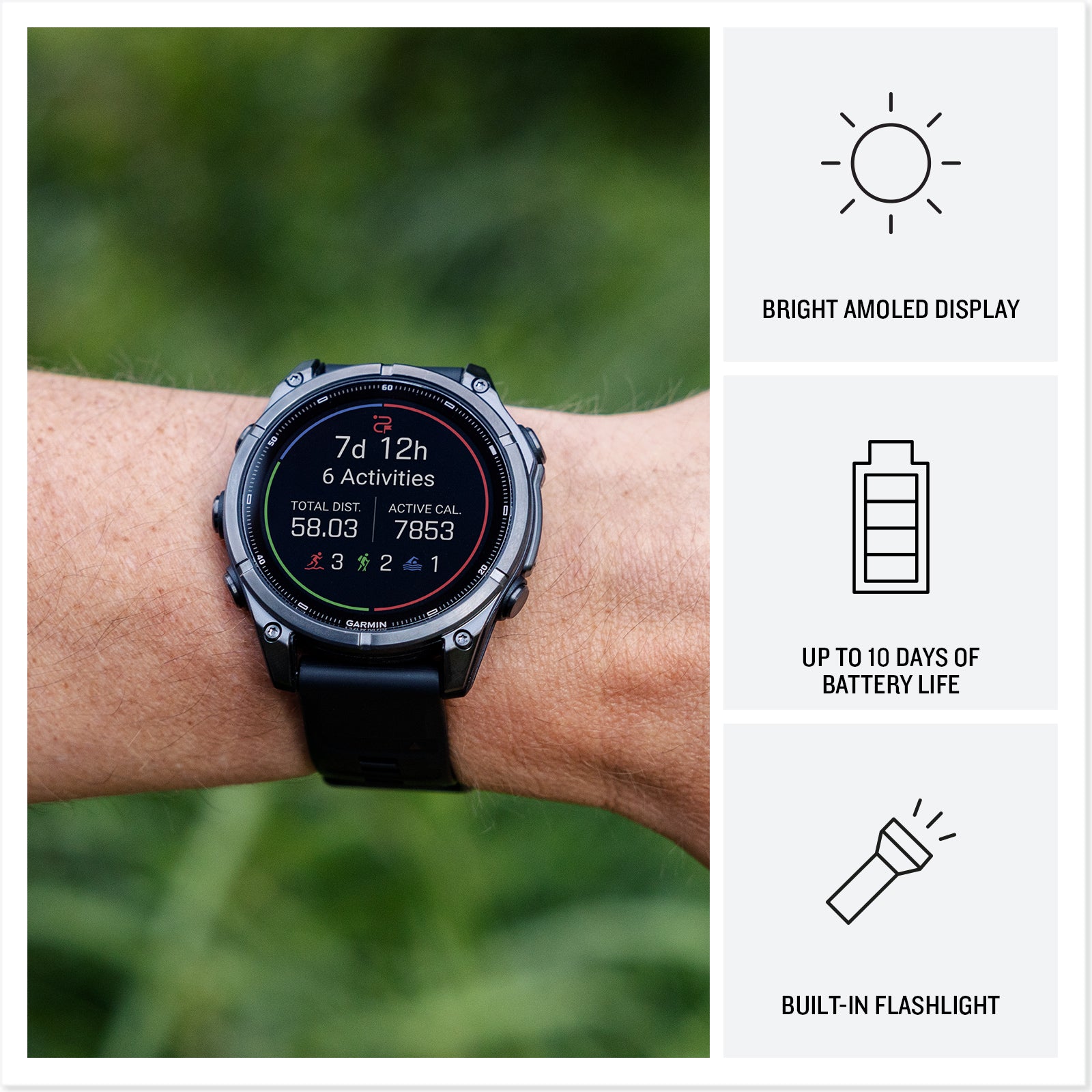 fēnix® 9 – 43 mm
Titanium with Fog Gray Silicone Band image 3