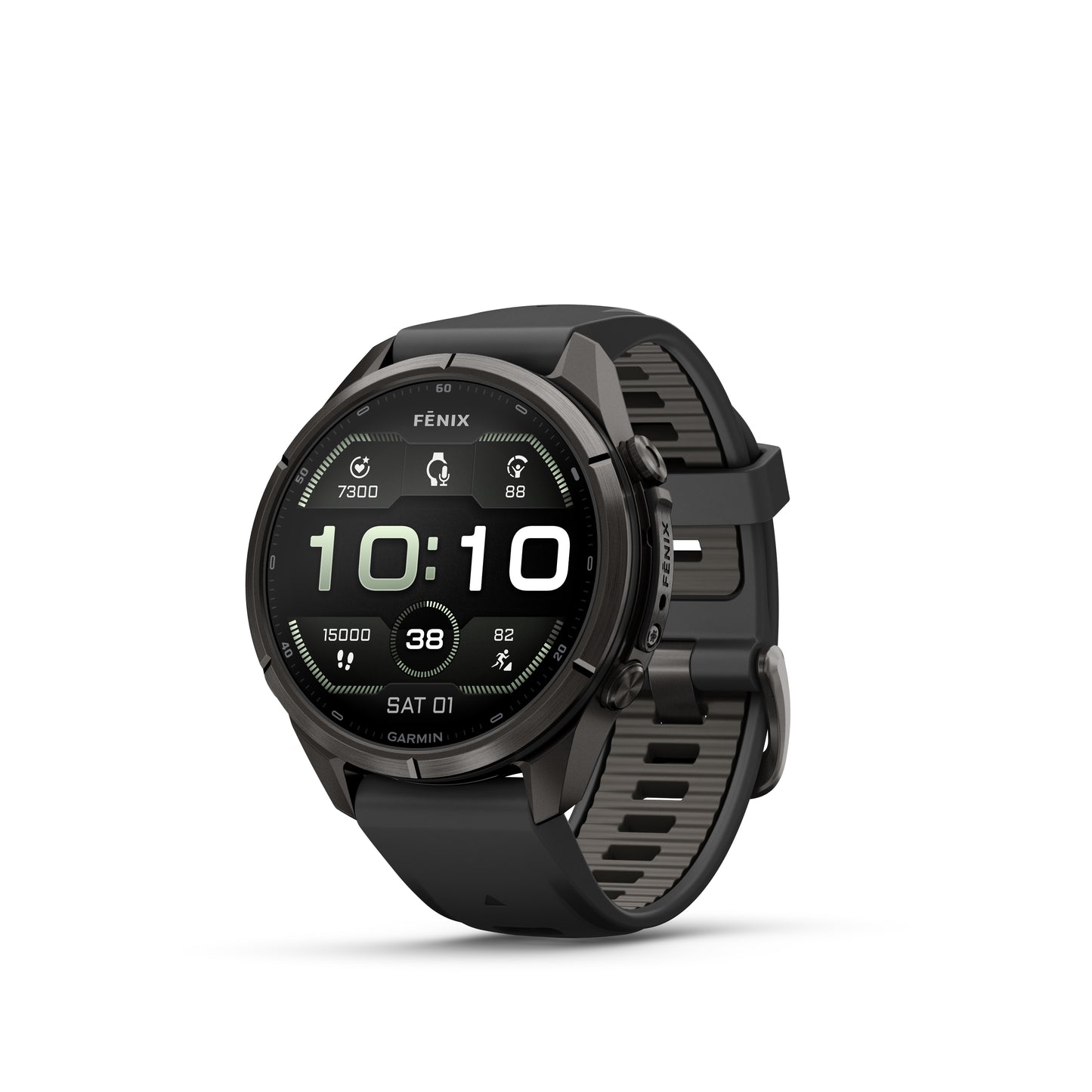 fēnix® 9 Pro – 43 mm
Carbon Gray DLC Titanium with Black/Pebble Gray Silicone Band image 1