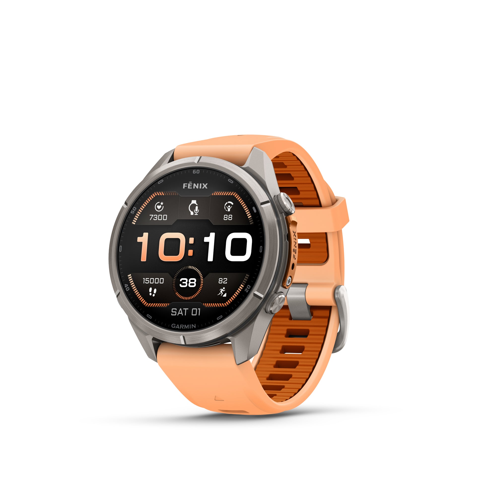 fēnix® 9 Pro – 43 mm
Titanium with Shell Pink/Autumn Orange Silicone Band image 1