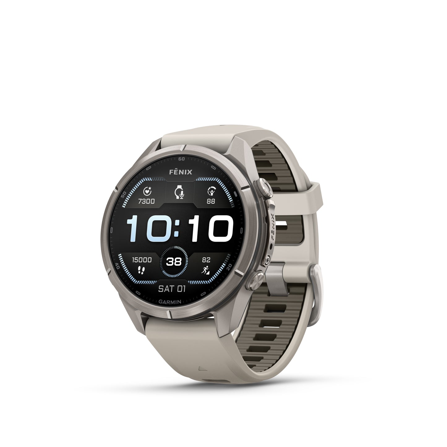 fēnix® 9 Pro – 43 mm
Titanium with Fog Gray/Dark Sandstone Silicone Band image 1