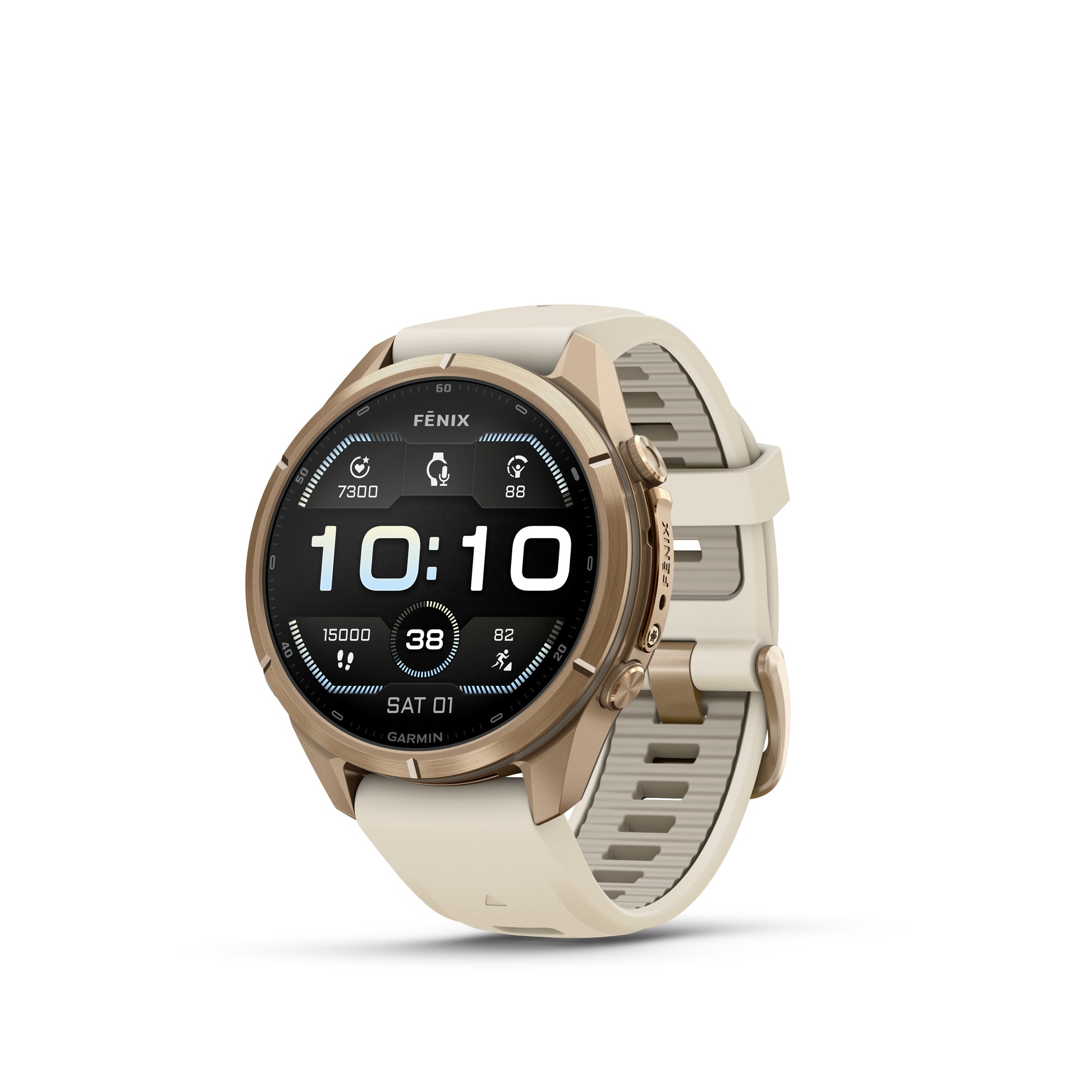 fēnix® 9 Pro – 43 mm
Autumn Gold Titanium with Cream/French Gray Silicone Band image 1