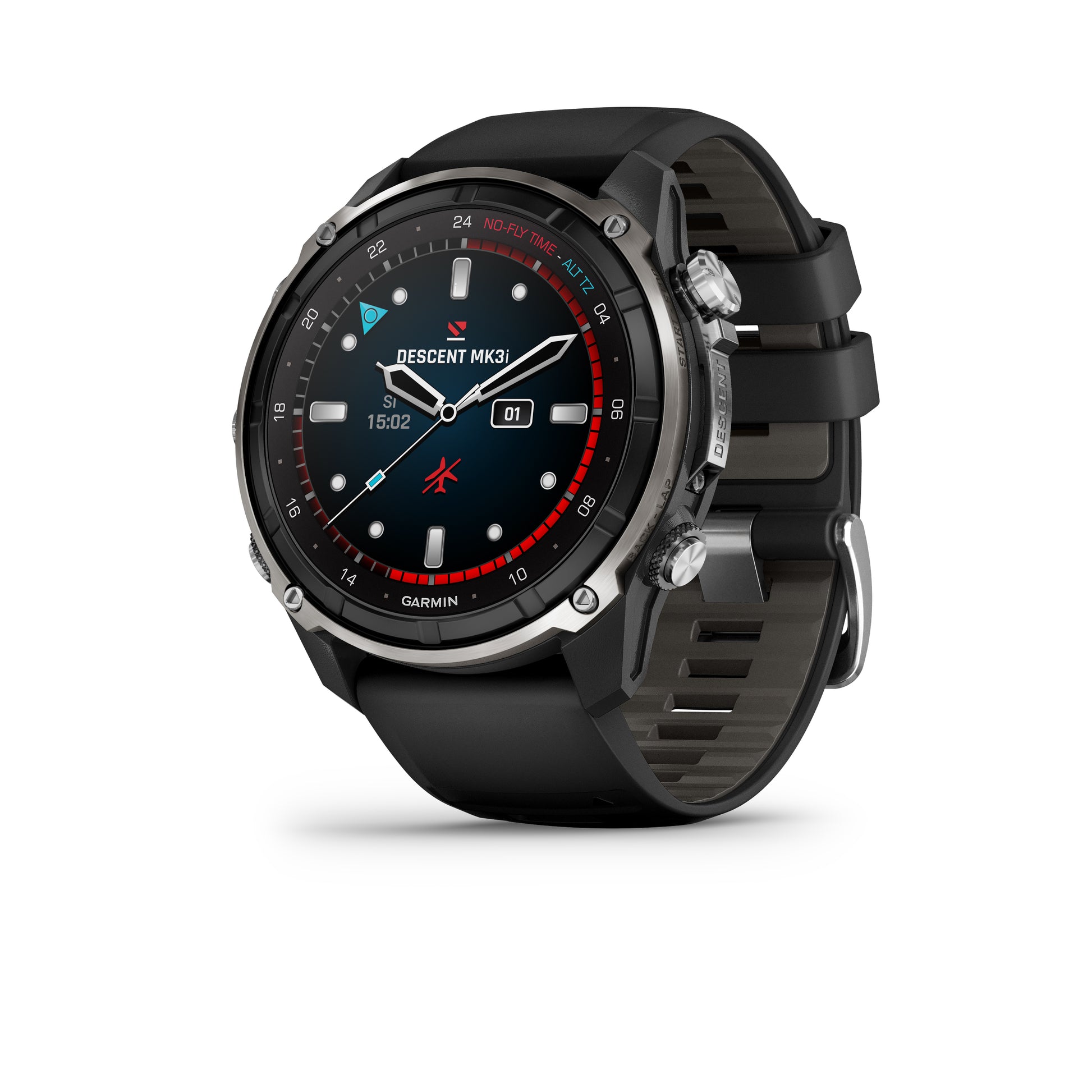Descent™ Mk3i – 51 mm
Silver and Black PVD Titanium with Black/Pebble Gray Silicone Band image 1