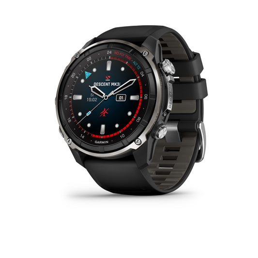 Descent™ Mk3i – 51 mm
Silver and Black PVD Titanium with Black/Pebble Gray Silicone Band image 1
