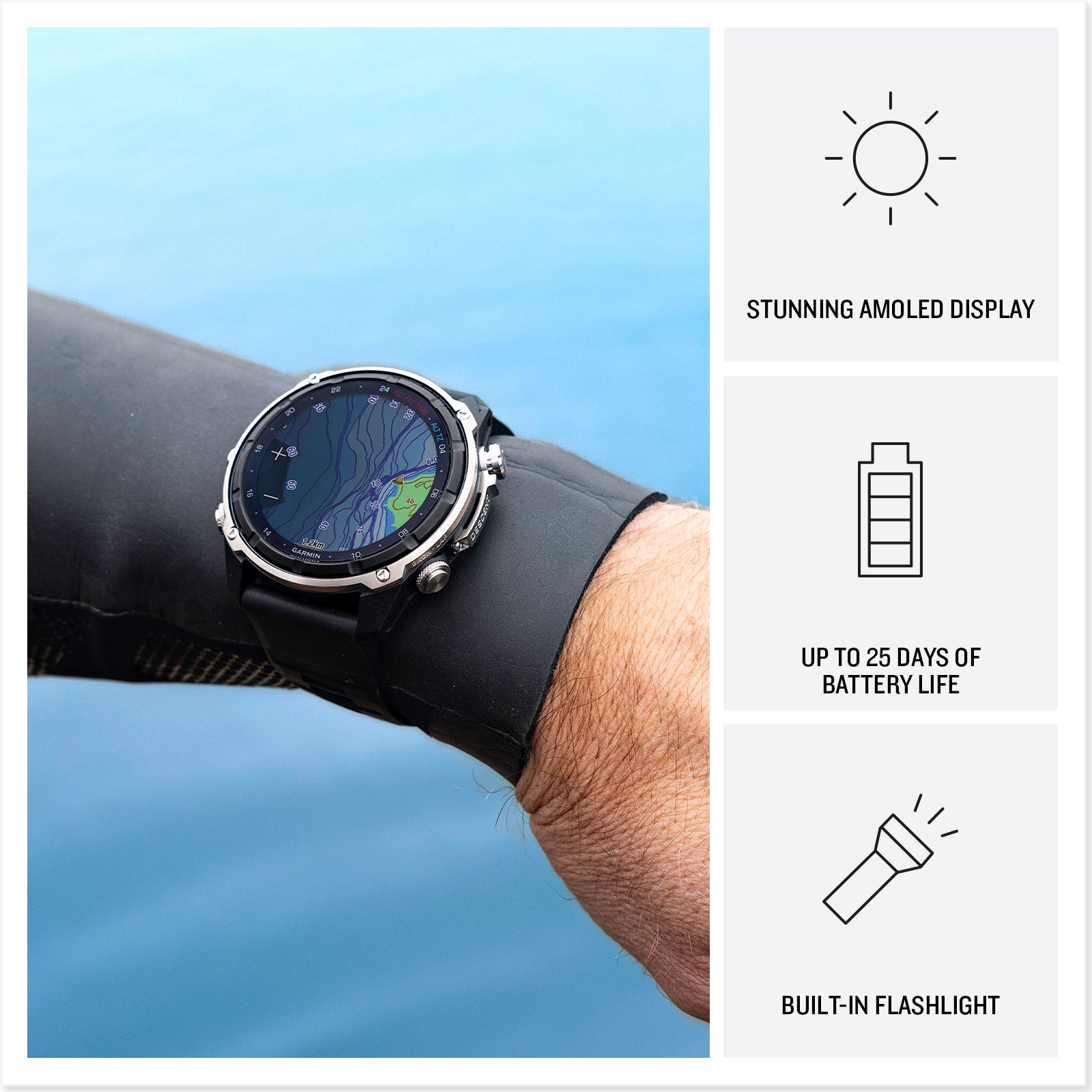 Descent™ Mk3i – 51 mm
Silver and Black PVD Titanium with Black/Pebble Gray Silicone Band image 6