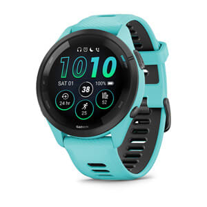 Forerunner® 265, Black Bezel with Aqua Case and Aqua/Black Silicone Band